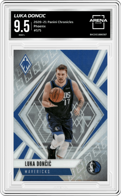 Luka Doncic from the 2020-21 Panini Chronicles set graded by Arena Club and given an overall grade of 9.5.
