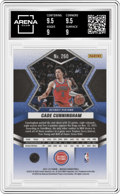 Cade Cunningham from the 2021-22 Panini Mosaic  set graded by Arena Club and given an overall grade of 9.5.