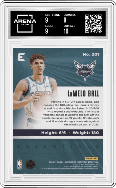 LaMelo Ball from the 2020-21 Panini Chronicles set graded by Arena Club and given an overall grade of 9.5.