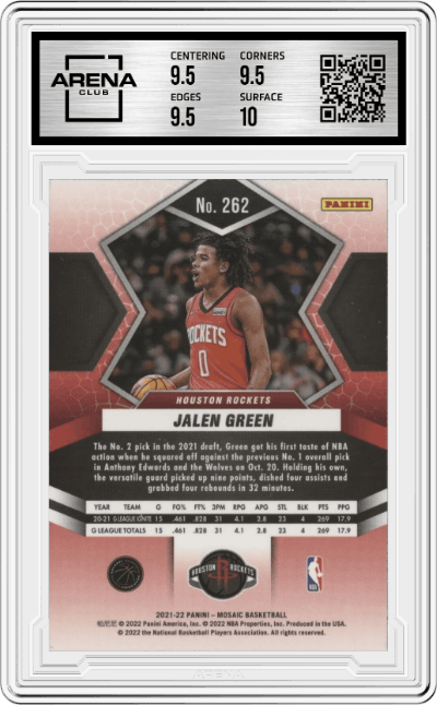 Jalen Green from the 2021-22 Panini Mosaic  set graded by Arena Club and given an overall grade of 10.