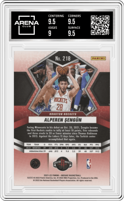 Alperen Sengun from the 2021-22 Panini Mosaic  set graded by Arena Club and given an overall grade of 9.5.