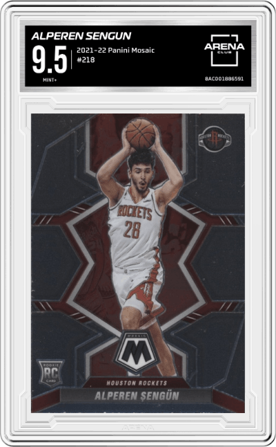 Alperen Sengun from the 2021-22 Panini Mosaic  set graded by Arena Club and given an overall grade of 9.5.