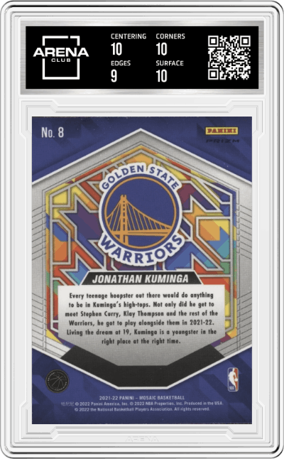 Jonathan Kuminga from the 2021-22 Panini Mosaic  set featuring a Silver Mosaic parallel graded by Arena Club and given an overall grade of 9.5.