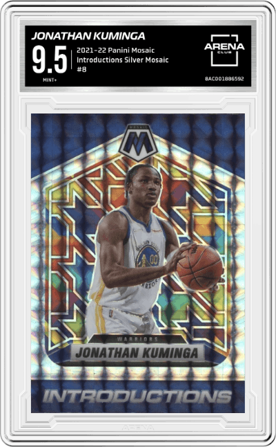 Jonathan Kuminga from the 2021-22 Panini Mosaic  set featuring a Silver Mosaic parallel graded by Arena Club and given an overall grade of 9.5.