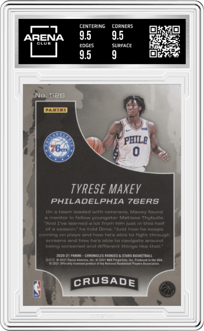 Tyrese Maxey from the 2020-21 Panini Chronicles set graded by Arena Club and given an overall grade of 9.5.