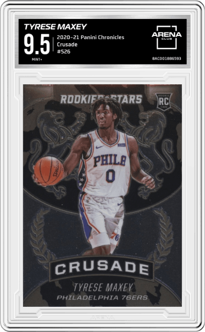 Tyrese Maxey from the 2020-21 Panini Chronicles set graded by Arena Club and given an overall grade of 9.5.