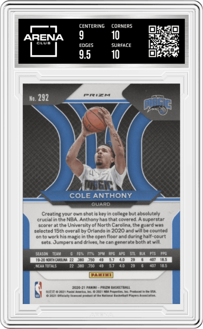 Cole Anthony from the 2020-21 Panini Prizm set featuring a Ruby Wave Prizm parallel graded by Arena Club and given an overall grade of 9.5.