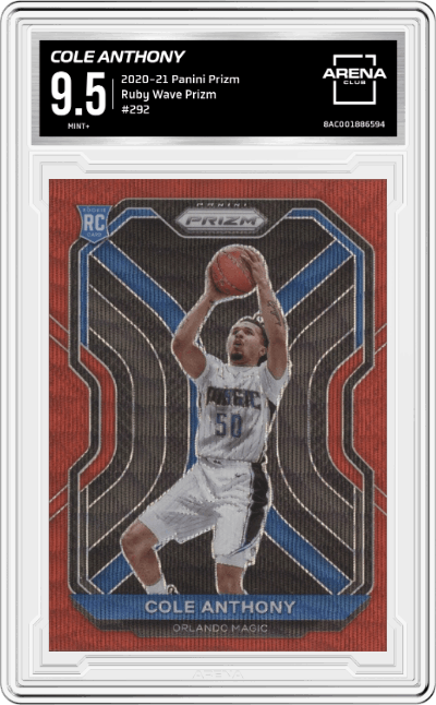 Cole Anthony from the 2020-21 Panini Prizm set featuring a Ruby Wave Prizm parallel graded by Arena Club and given an overall grade of 9.5.
