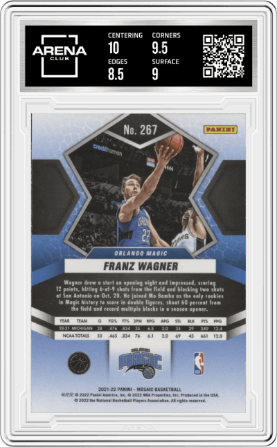 Franz Wagner from the 2021-22 Panini Mosaic  set graded by Arena Club and given an overall grade of 9.