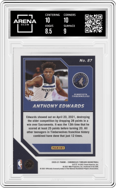 Anthony Edwards from the 2020-21 Panini Chronicles set graded by Arena Club and given an overall grade of 9.