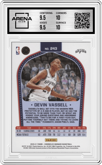 Devin Vassell from the 2020-21 Panini Chronicles set graded by Arena Club and given an overall grade of 10.