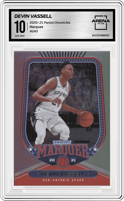 Devin Vassell from the 2020-21 Panini Chronicles set graded by Arena Club and given an overall grade of 10.