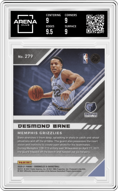 Desmond Bane from the 2020-21 Panini Chronicles set graded by Arena Club and given an overall grade of 9.