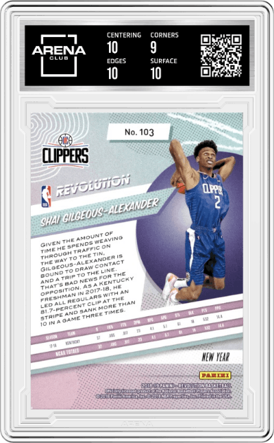 Shai Gilgeous-Alexander from the 2018-19 Panini Revolution  set featuring a Chinese New Year parallel graded by Arena Club and given an overall grade of 9.5.