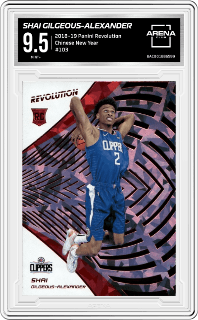 Shai Gilgeous-Alexander from the 2018-19 Panini Revolution  set featuring a Chinese New Year parallel graded by Arena Club and given an overall grade of 9.5.