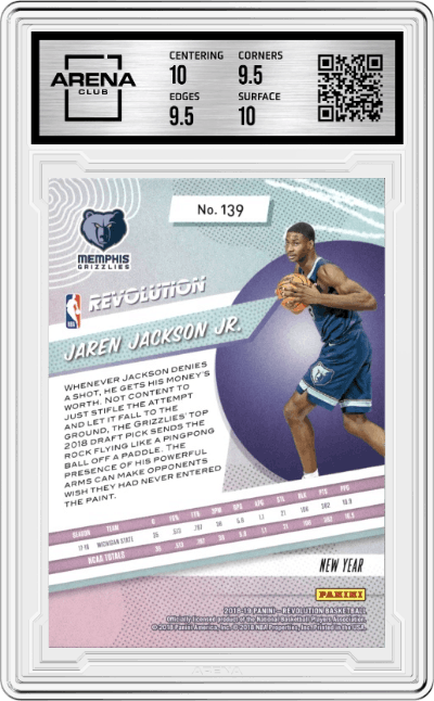 Jaren Jackson Jr. from the 2018-19 Panini Revolution  set featuring a Chinese New Year parallel graded by Arena Club and given an overall grade of 10.