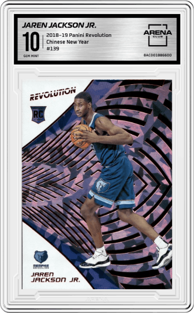 Jaren Jackson Jr. from the 2018-19 Panini Revolution  set featuring a Chinese New Year parallel graded by Arena Club and given an overall grade of 10.