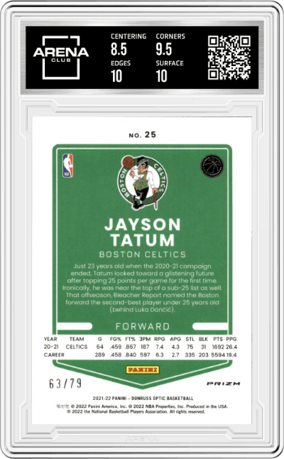 Jayson Tatum from the 2021-22 Panini Donruss Optic set featuring a Pink Velocity parallel graded by Arena Club and given an overall grade of 9.