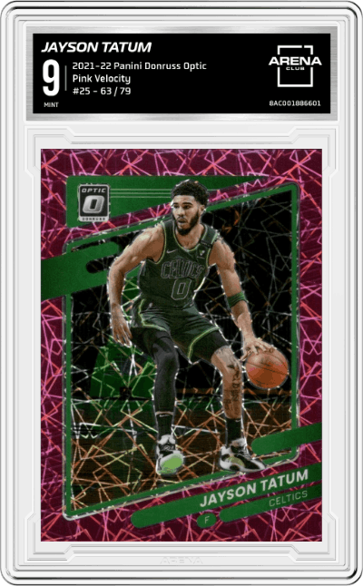 Jayson Tatum from the 2021-22 Panini Donruss Optic set featuring a Pink Velocity parallel graded by Arena Club and given an overall grade of 9.