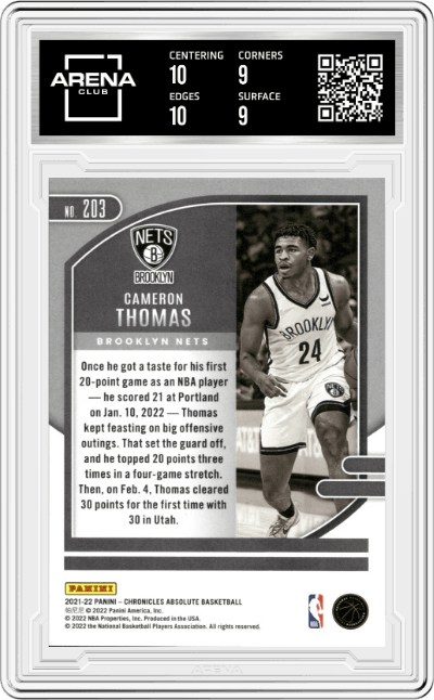 Cameron Thomas from the 2021-22 Panini Chronicles set featuring a 75th Anniversary parallel graded by Arena Club and given an overall grade of 9.5.