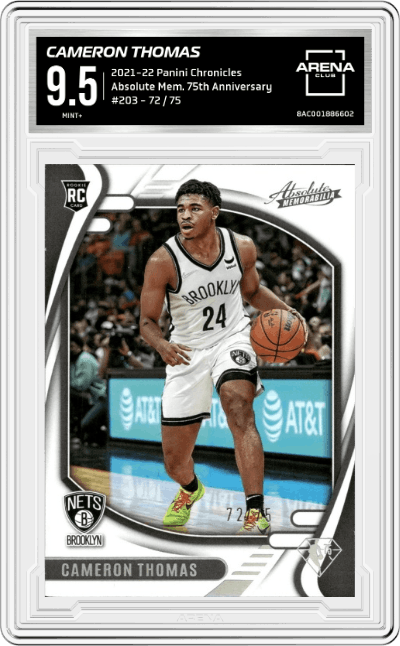 Cameron Thomas from the 2021-22 Panini Chronicles set featuring a 75th Anniversary parallel graded by Arena Club and given an overall grade of 9.5.