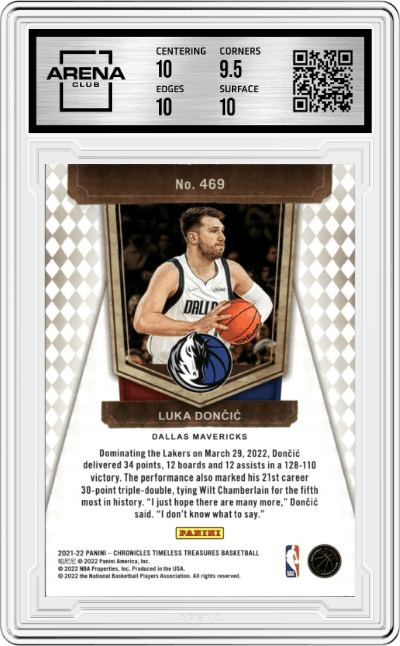 Luka Doncic from the 2021-22 Panini Chronicles set graded by Arena Club and given an overall grade of 10.