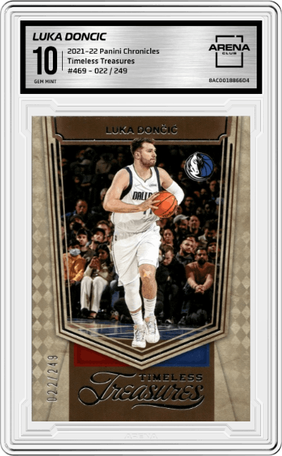 Luka Doncic from the 2021-22 Panini Chronicles set graded by Arena Club and given an overall grade of 10.