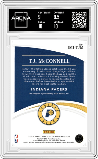 T.J. McConnell from the 2020-21 Panini Immaculate Collection  set graded by Arena Club and given an overall grade of 9.5.