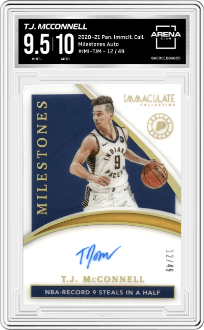 T.J. McConnell from the 2020-21 Panini Immaculate Collection  set graded by Arena Club and given an overall grade of 9.5.
