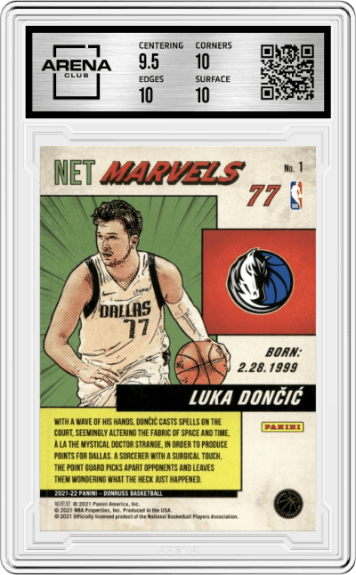 Luka Doncic from the 2021-22 Panini Donruss set graded by Arena Club and given an overall grade of 10.