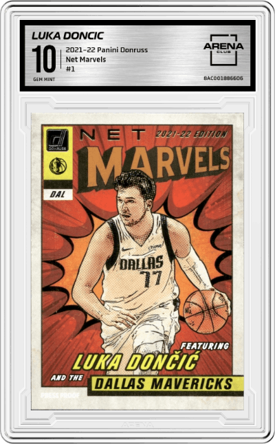 Luka Doncic from the 2021-22 Panini Donruss set graded by Arena Club and given an overall grade of 10.