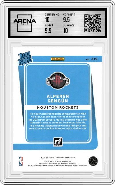 Alperen Sengun from the 2021-22 Panini Donruss set graded by Arena Club and given an overall grade of 10.