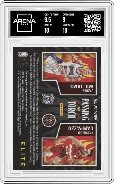 Facundo Campazzo/Jason Williams from the 2020-21 Panini Donruss Elite Basketball set featuring a Gold parallel graded by Arena Club and given an overall grade of 9.5.