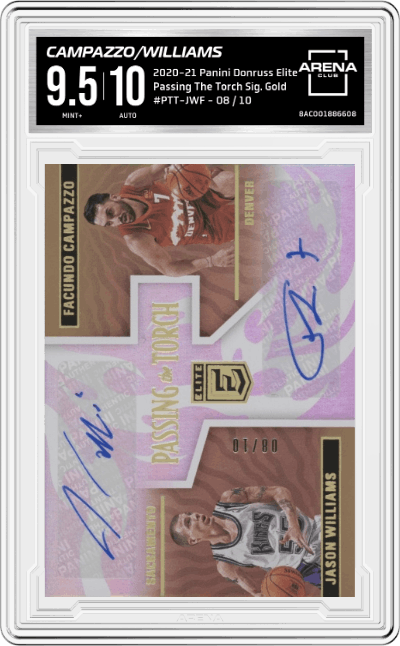 Facundo Campazzo/Jason Williams from the 2020-21 Panini Donruss Elite Basketball set featuring a Gold parallel graded by Arena Club and given an overall grade of 9.5.