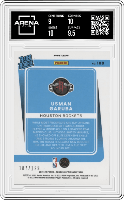 Usman Garuba from the 2021-22 Panini Donruss Optic set featuring a Orange parallel graded by Arena Club and given an overall grade of 9.5.