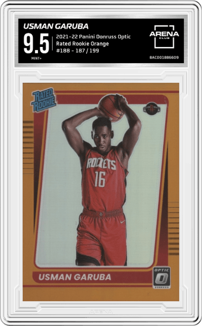 Usman Garuba from the 2021-22 Panini Donruss Optic set featuring a Orange parallel graded by Arena Club and given an overall grade of 9.5.