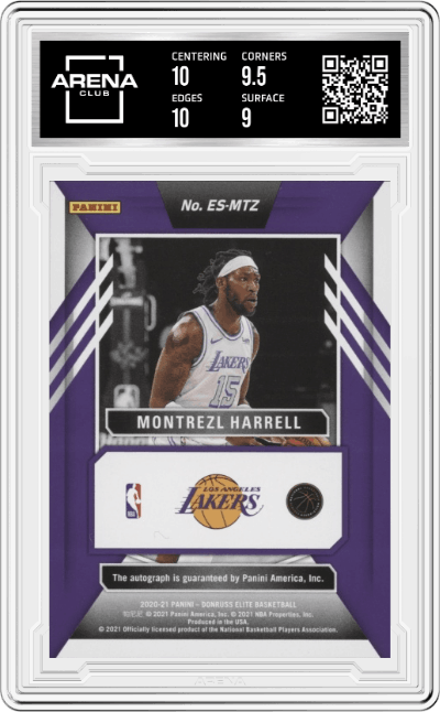 Montrezl Harrell from the 2020-21 Panini Donruss Elite Basketball set featuring a Red parallel graded by Arena Club and given an overall grade of 9.5.