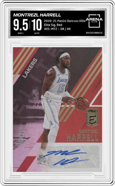 Montrezl Harrell from the 2020-21 Panini Donruss Elite Basketball set featuring a Red parallel graded by Arena Club and given an overall grade of 9.5.