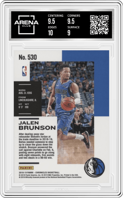 Jalen Brunson from the 2018-19 Panini Chronicles set graded by Arena Club and given an overall grade of 9.5.