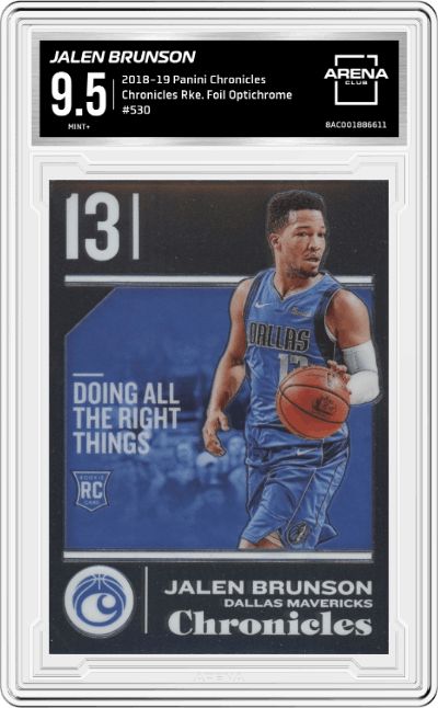 Jalen Brunson from the 2018-19 Panini Chronicles set graded by Arena Club and given an overall grade of 9.5.