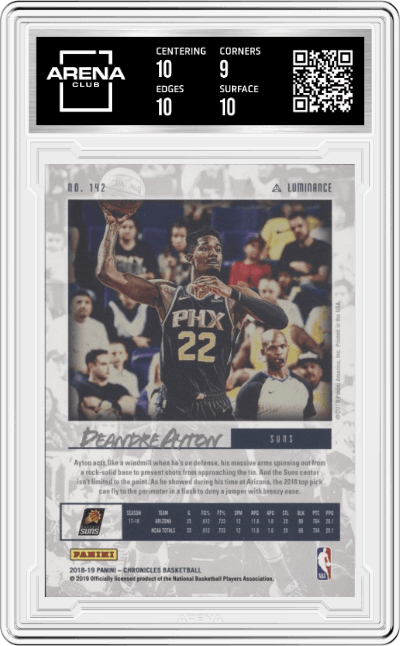 Deandre Ayton from the 2018-19 Panini Chronicles set graded by Arena Club and given an overall grade of 9.5.