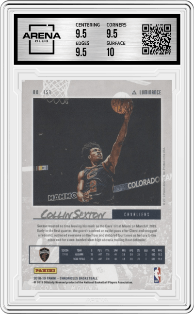 Collin Sexton from the 2018-19 Panini Chronicles set featuring a Green parallel graded by Arena Club and given an overall grade of 10.