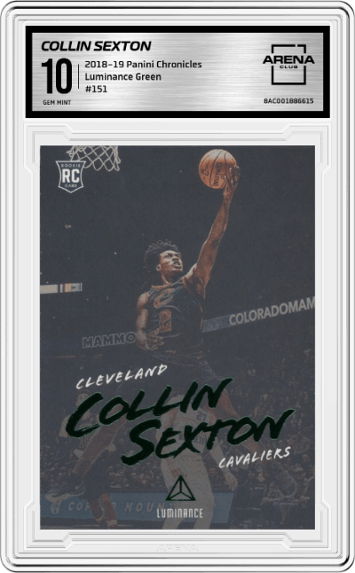 Collin Sexton from the 2018-19 Panini Chronicles set featuring a Green parallel graded by Arena Club and given an overall grade of 10.