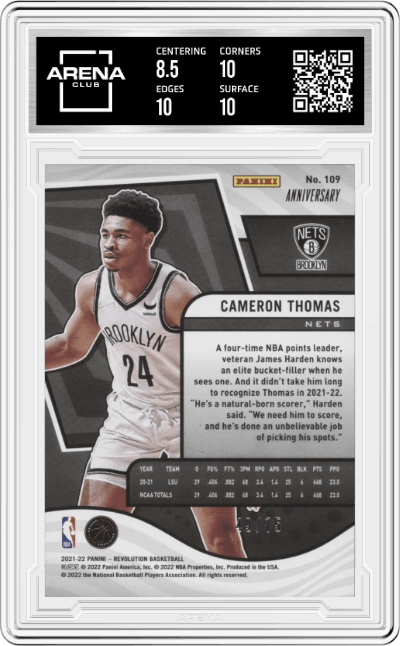 Cameron Thomas from the 2021-22 Panini Revolution  set featuring a NBA 75th Anniversary parallel graded by Arena Club and given an overall grade of 9.