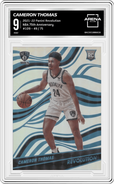 Cameron Thomas from the 2021-22 Panini Revolution  set featuring a NBA 75th Anniversary parallel graded by Arena Club and given an overall grade of 9.