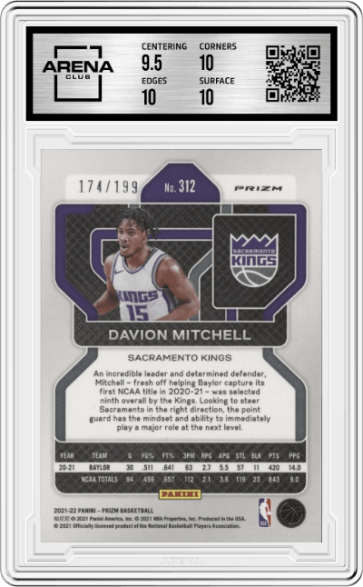 Davion Mitchell from the 2021-22 Panini Prizm  set featuring a Blue Prizm parallel graded by Arena Club and given an overall grade of 10.