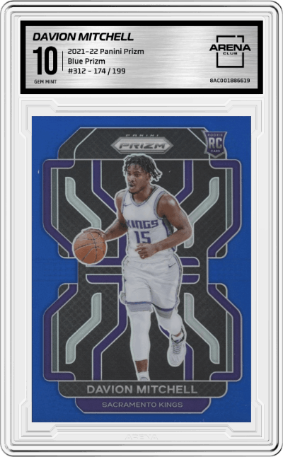 Davion Mitchell from the 2021-22 Panini Prizm  set featuring a Blue Prizm parallel graded by Arena Club and given an overall grade of 10.