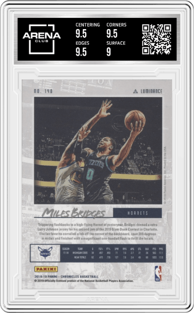 Miles Bridges from the 2018-19 Panini Chronicles set graded by Arena Club and given an overall grade of 9.5.