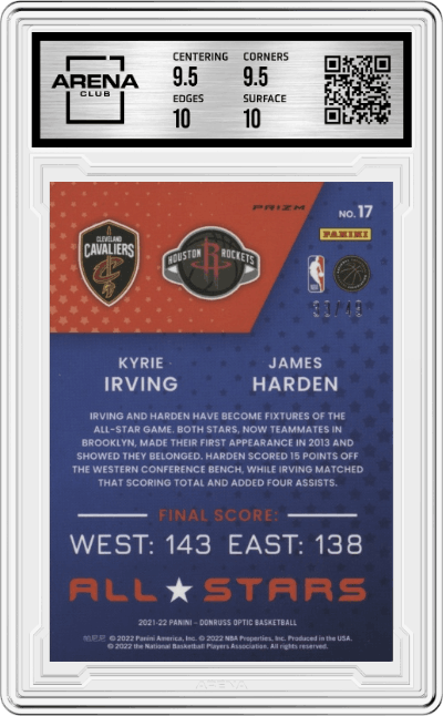 James Harden/Kyrie Irving from the 2021-22 Panini Donruss Optic set featuring a Blue parallel graded by Arena Club and given an overall grade of 10.