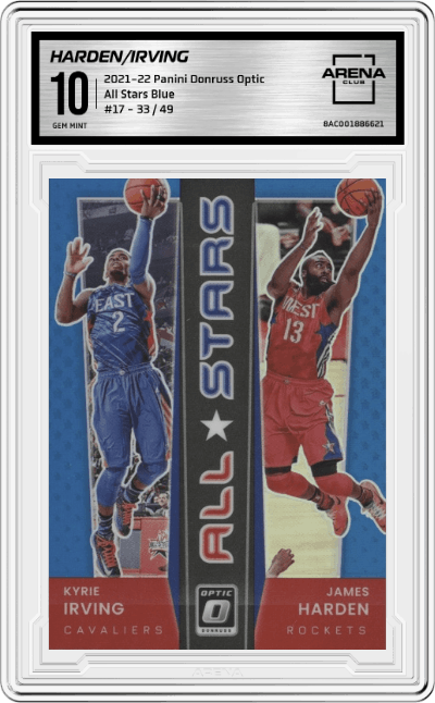James Harden/Kyrie Irving from the 2021-22 Panini Donruss Optic set featuring a Blue parallel graded by Arena Club and given an overall grade of 10.